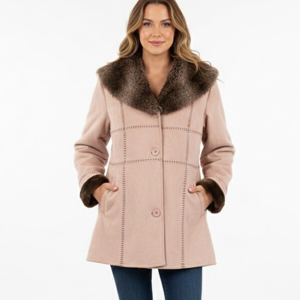 Pizazz Pink Faux Suede and Faux Fur Trim Button Up Coat Size Large